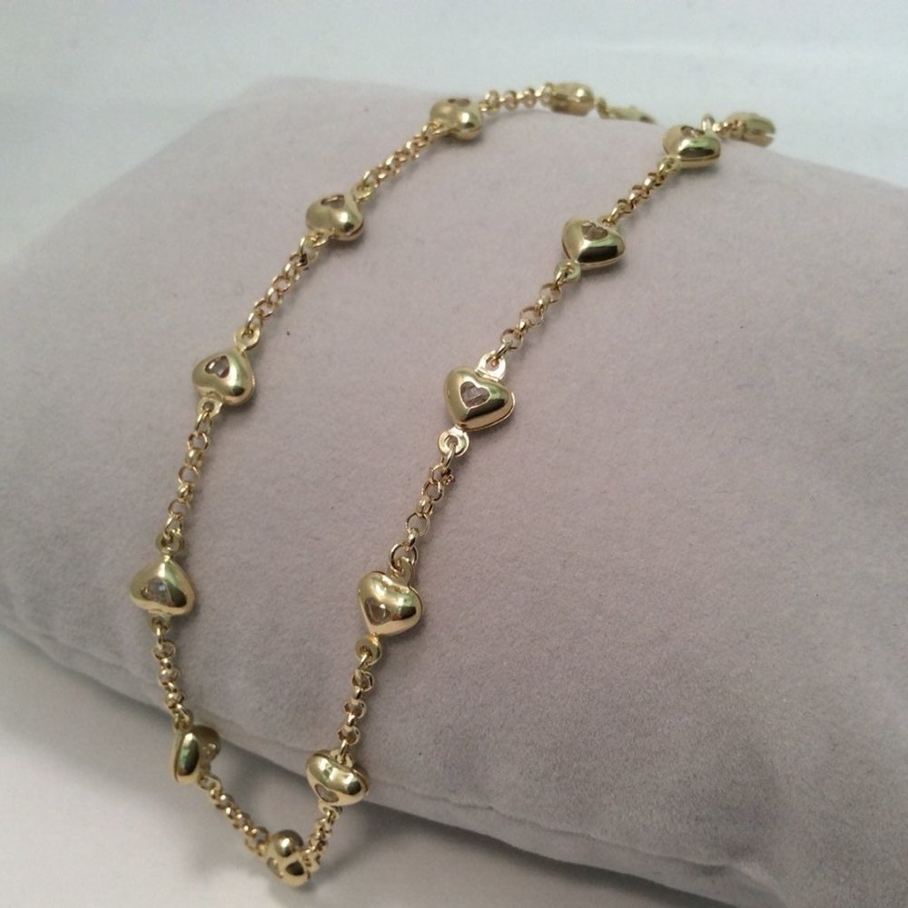 Puffed CZ HEART Rolo Chain 10k Ankle Bracelet 4.2g
